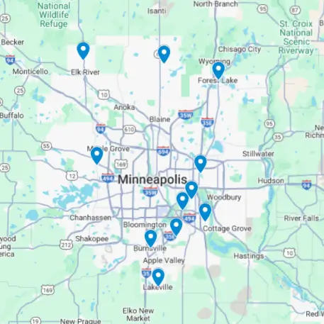 Map of Minneapolis and surrounding areas with blue location markers indicating various points of interest or locations. Major highways and cities are labeled.