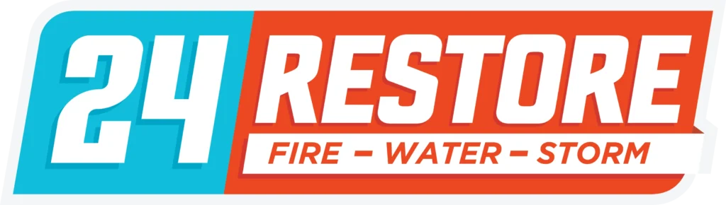 Logo with "24 RESTORE" in bold letters; blue and orange text highlights services for fire, water, and storm restoration.