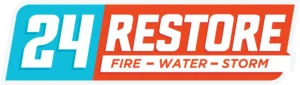 Logo with "24 RESTORE" in bold letters; blue and orange text highlights services for fire, water, and storm restoration.
