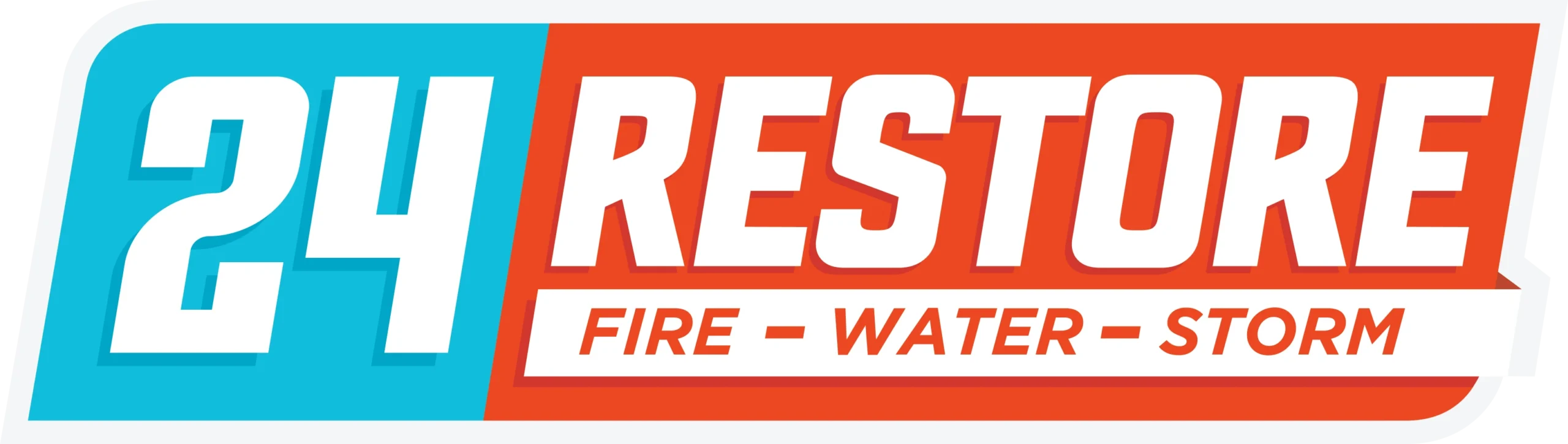 Logo with "24 RESTORE" in bold letters; blue and orange text highlights services for fire, water, and storm restoration.