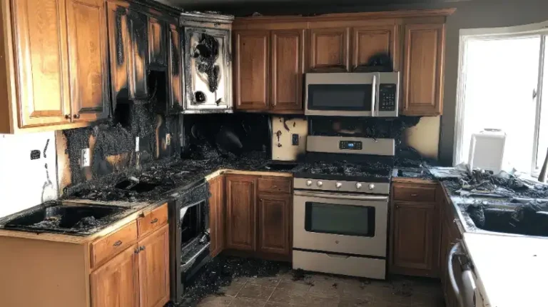 A kitchen with wooden cabinets and stainless steel appliances shows extensive fire damage, with black soot and burn marks covering counters, cabinets, and walls—restoration may also require plumbing repair from a skilled plumber near me.