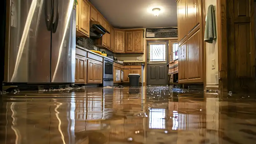 A kitchen with wooden cabinets and stainless steel appliances has a flooded floor, with water and bubbles on the surface—perfect time to call a plumber repair expert for fast Plumbing Repair.