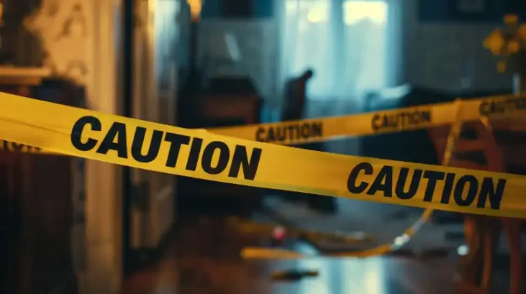 Yellow caution tape blocks off a room with scattered objects on the floor, possibly awaiting plumbing repair; the scene is lit by natural light from a window in the background.