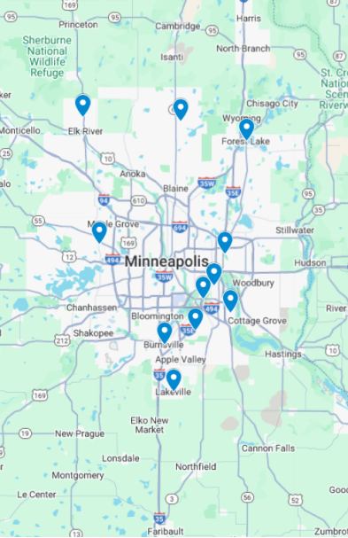 Map of Minneapolis and surrounding areas with blue location pins marking specific points of interest in and around the city. Major highways and cities are labeled.