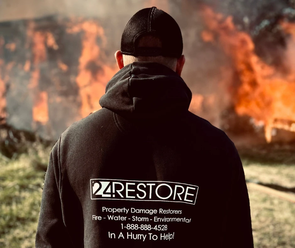 A person wearing a "24 Restore" hoodie stands facing a large blaze, with flames and smoke visible in the background.